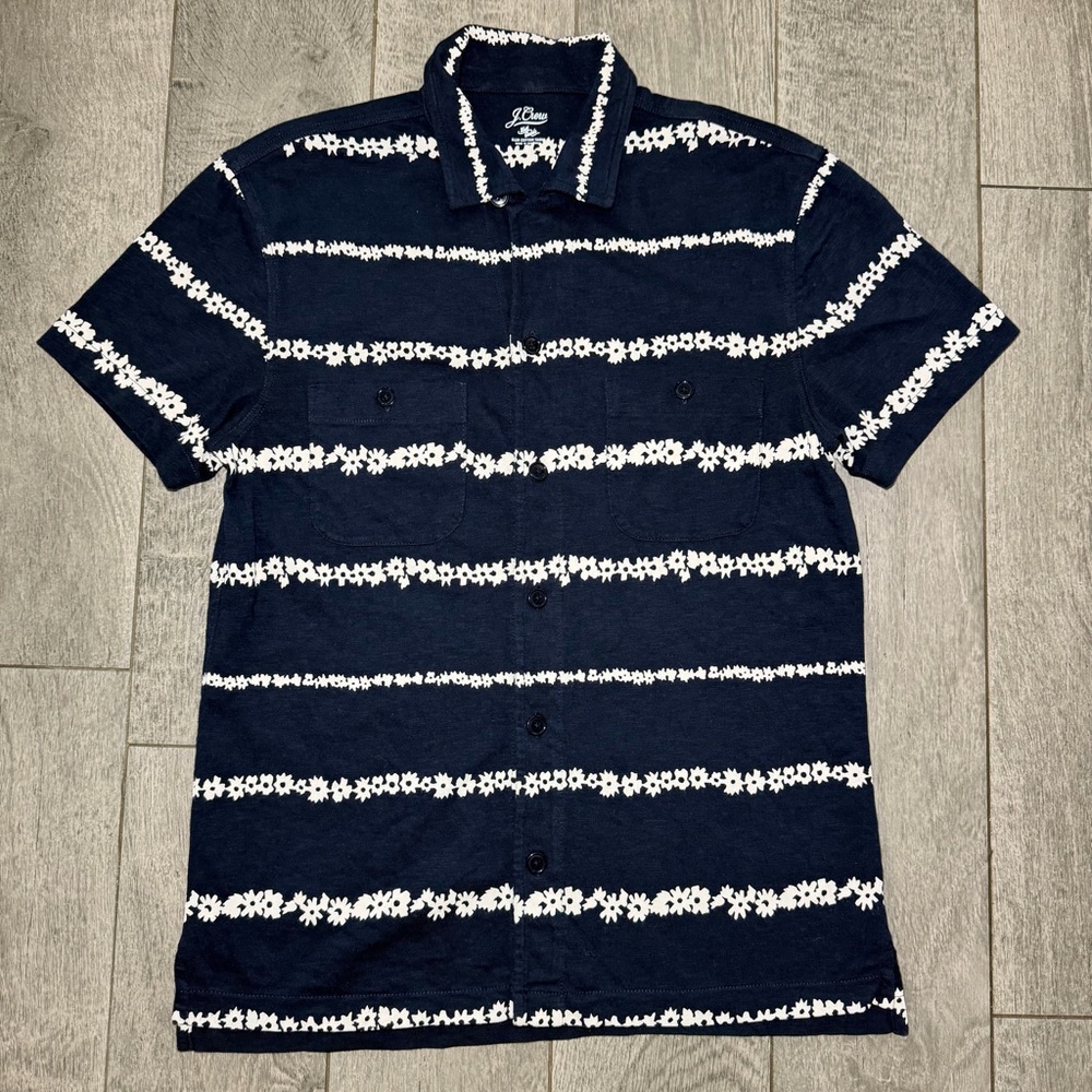 J. Crew Navy Short Sleeve Button-Up with White Floral Stripes